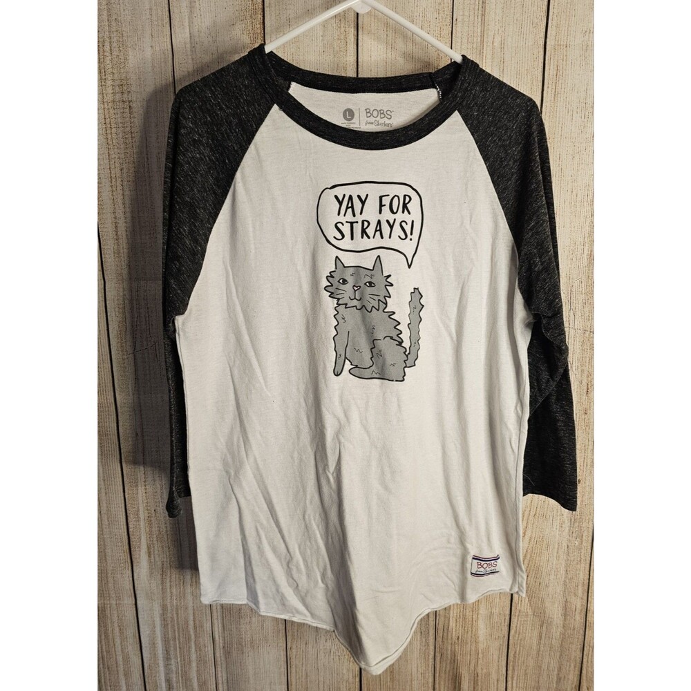 BOBS Skechers Yay For Strays Cat Graphic Raglan Shirt Women's Large Curved Hem